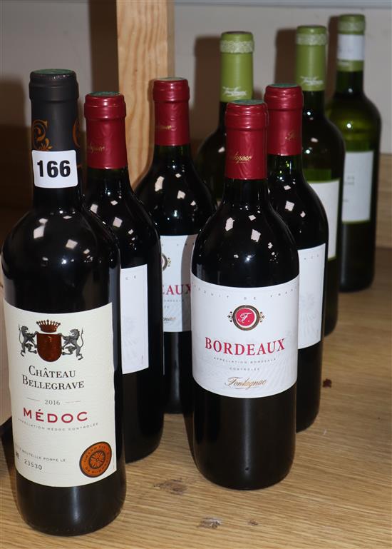 Three bottles of Cotes de Gascogne, one bottle of Chateau Belgrave and three bottles of Bordeaux Fontagnac